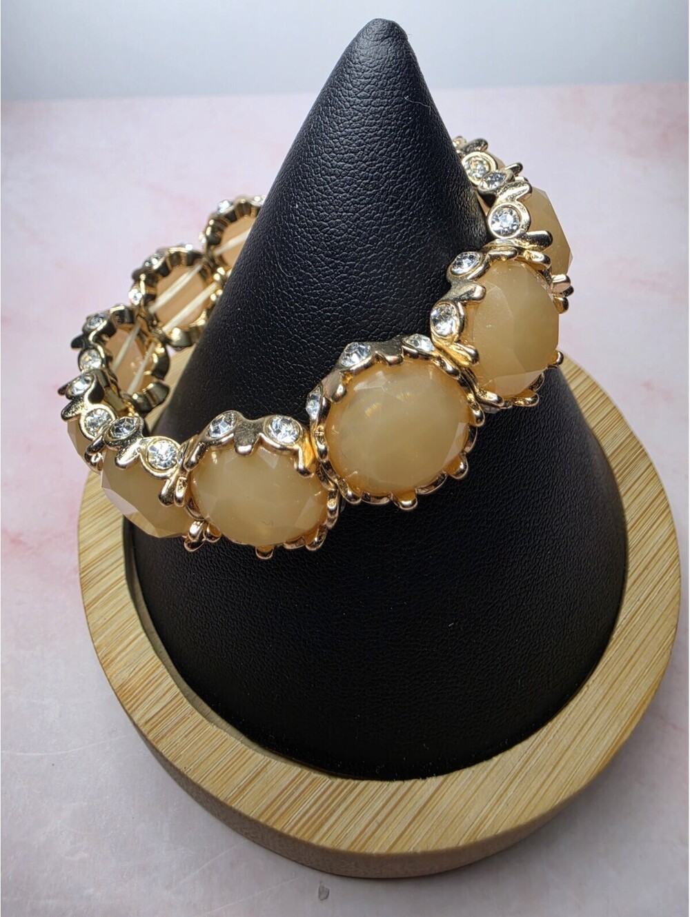 Chunky Peach Resin Stone Stretch Bracelet Gold Tone Rhinestone Accent
